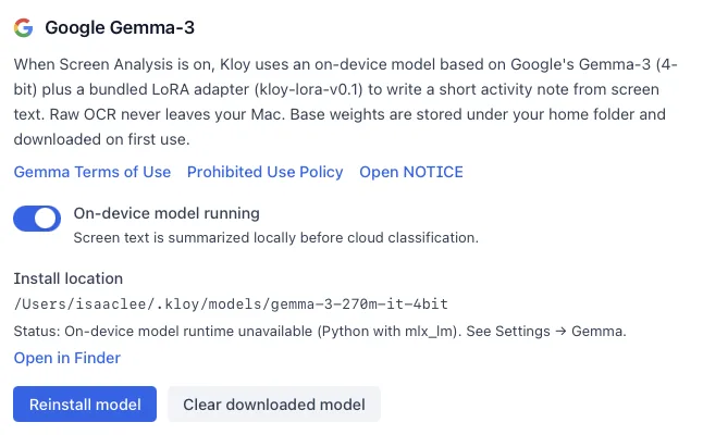 Kloy Settings showing Google Gemma-3 on-device model running for local screen summaries