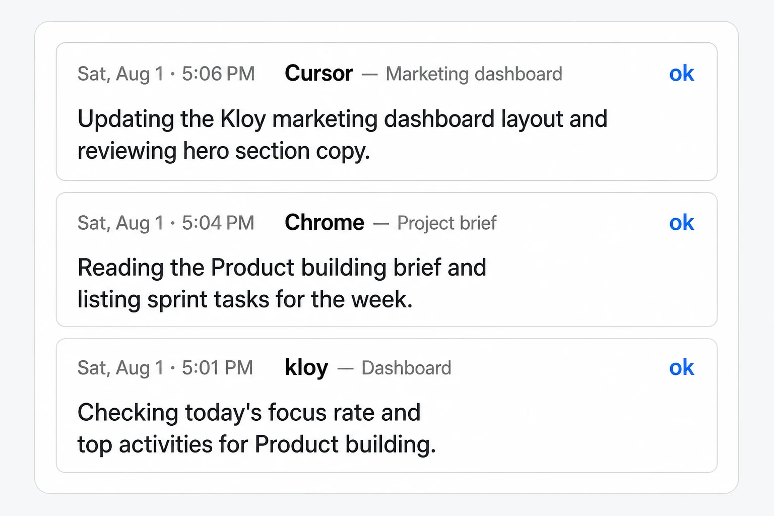 Kloy Logs showing on-device Gemma activity notes written from screen text