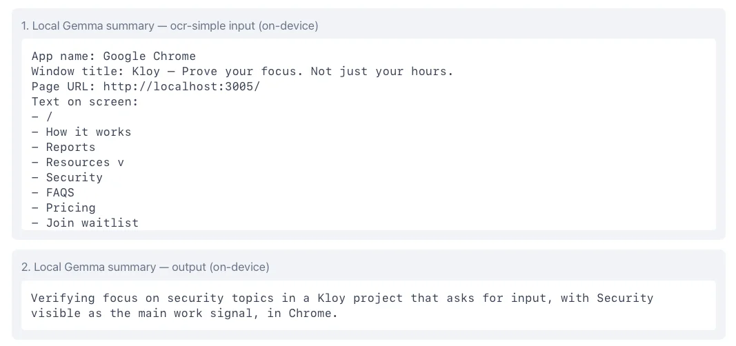 Local on-device OCR input and Gemma summary output, showing app name, window title, page URL, and screen text staying on the Mac