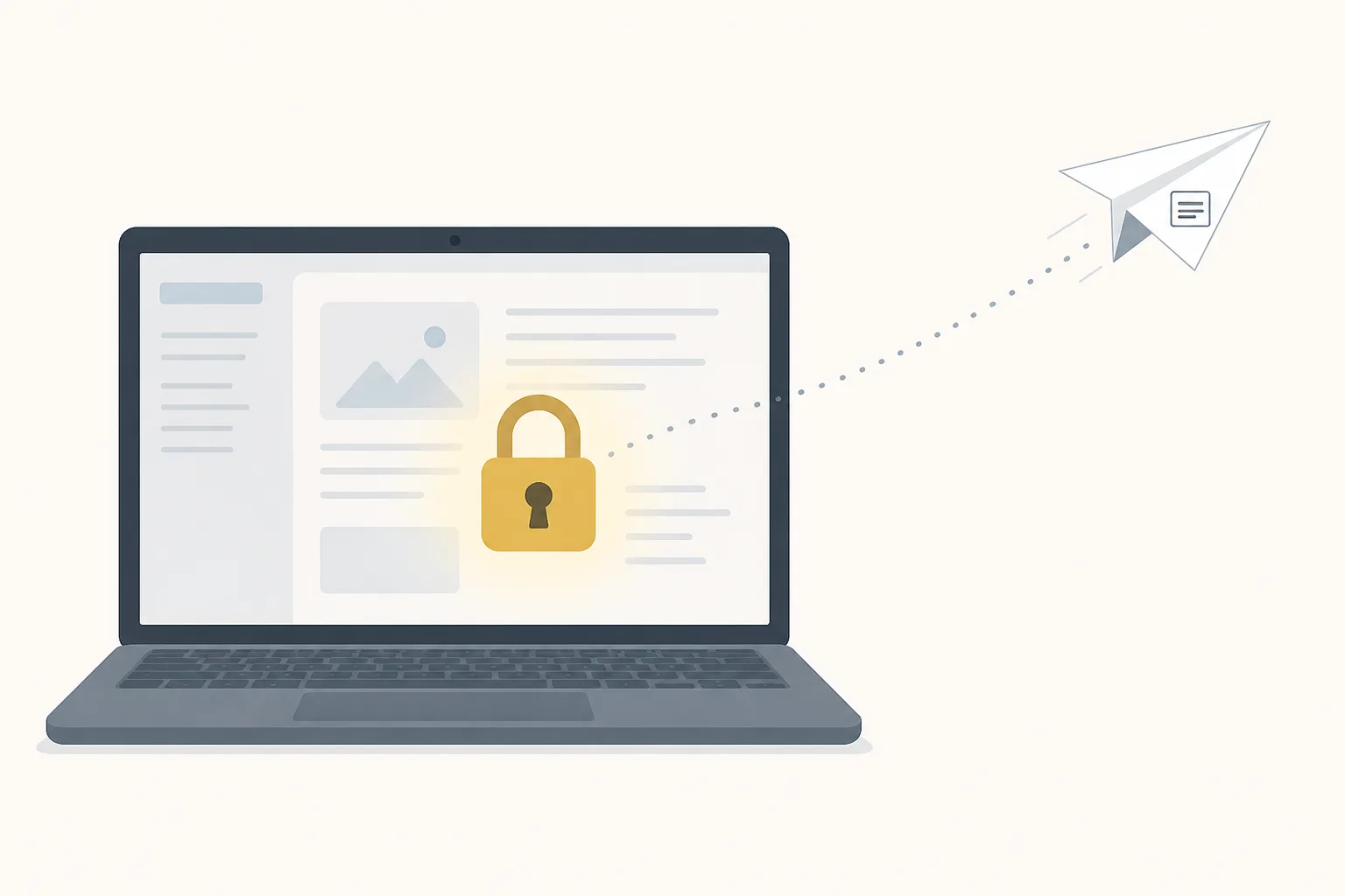 A laptop with a padlock on its screen and only a small note leaving as a paper airplane, illustrating that screen contents stay local