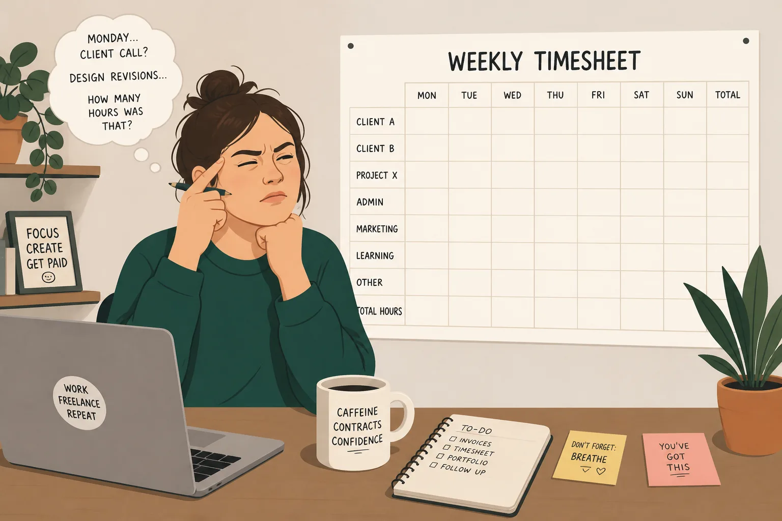 A freelancer staring at a blank weekly timesheet, trying to recall hours from memory