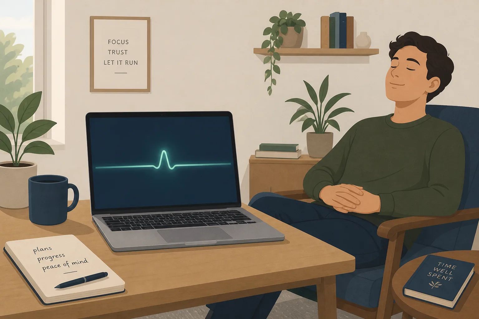 A person relaxed at their desk with a laptop showing one calm, steady pulse — nothing to worry about