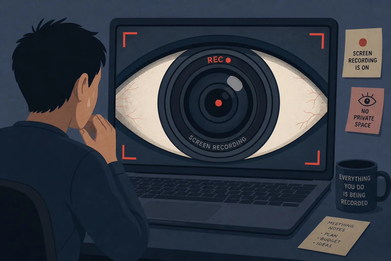 A giant camera-lens eye watching a laptop screen, illustrating screen-recording surveillance anxiety