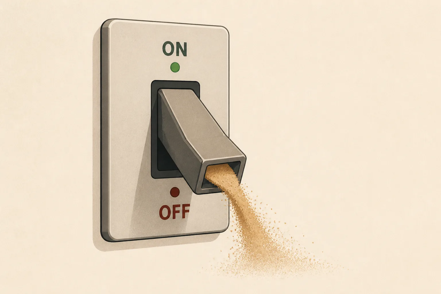 A power switch flipping off while time spills out like sand, illustrating lost tracked hours