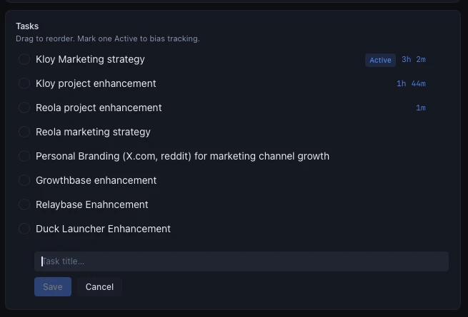 Kloy task list showing today's tasks with one marked Active and tracked time next to each