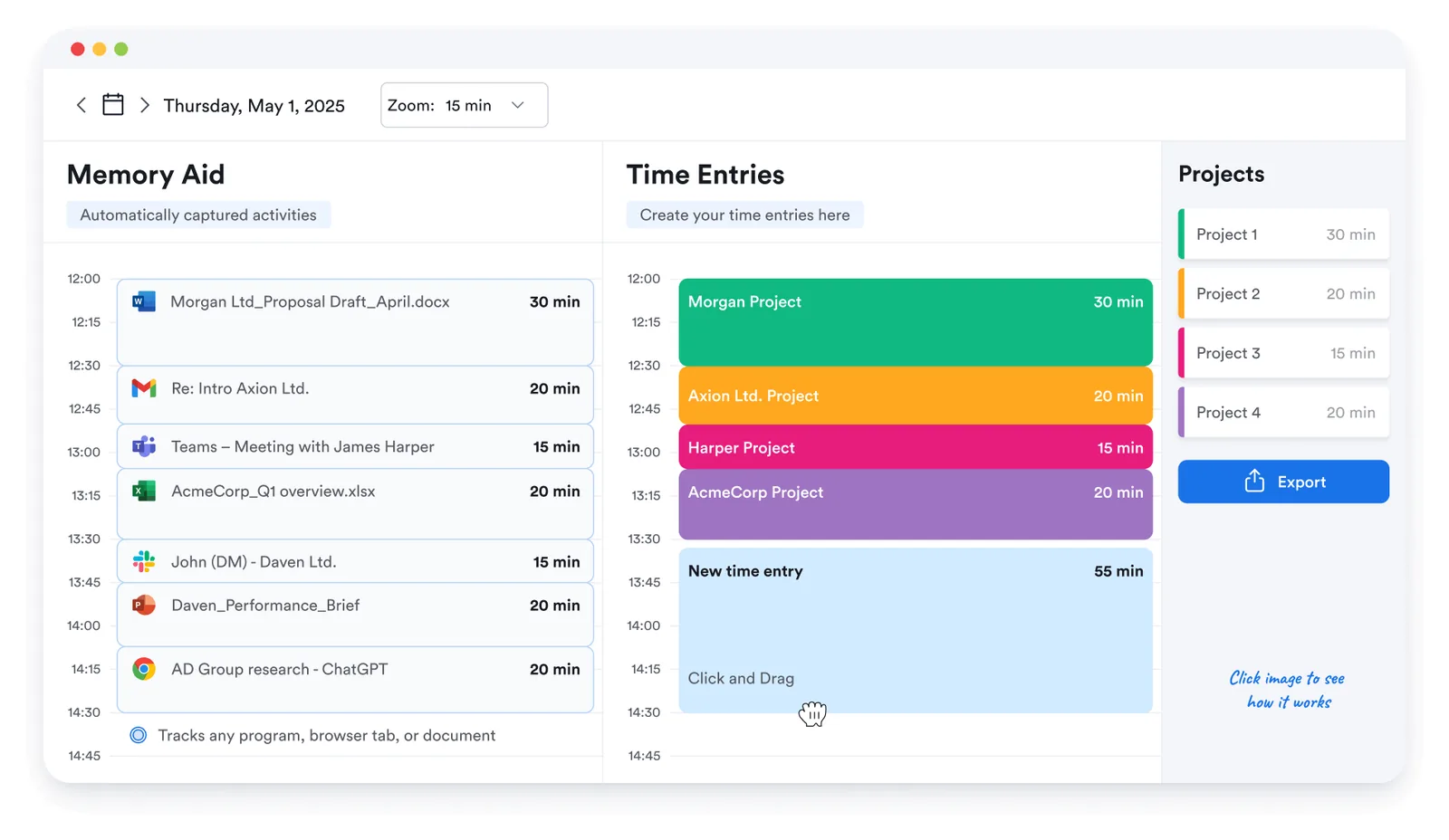 Memtime automatic timeline with Memory Aid activity capture, time entries, and local project assignment