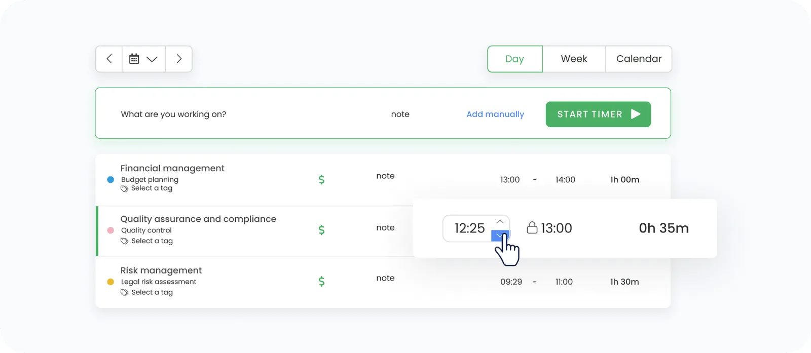 TimeCamp day-view timesheet with start timer controls and editable project time entries