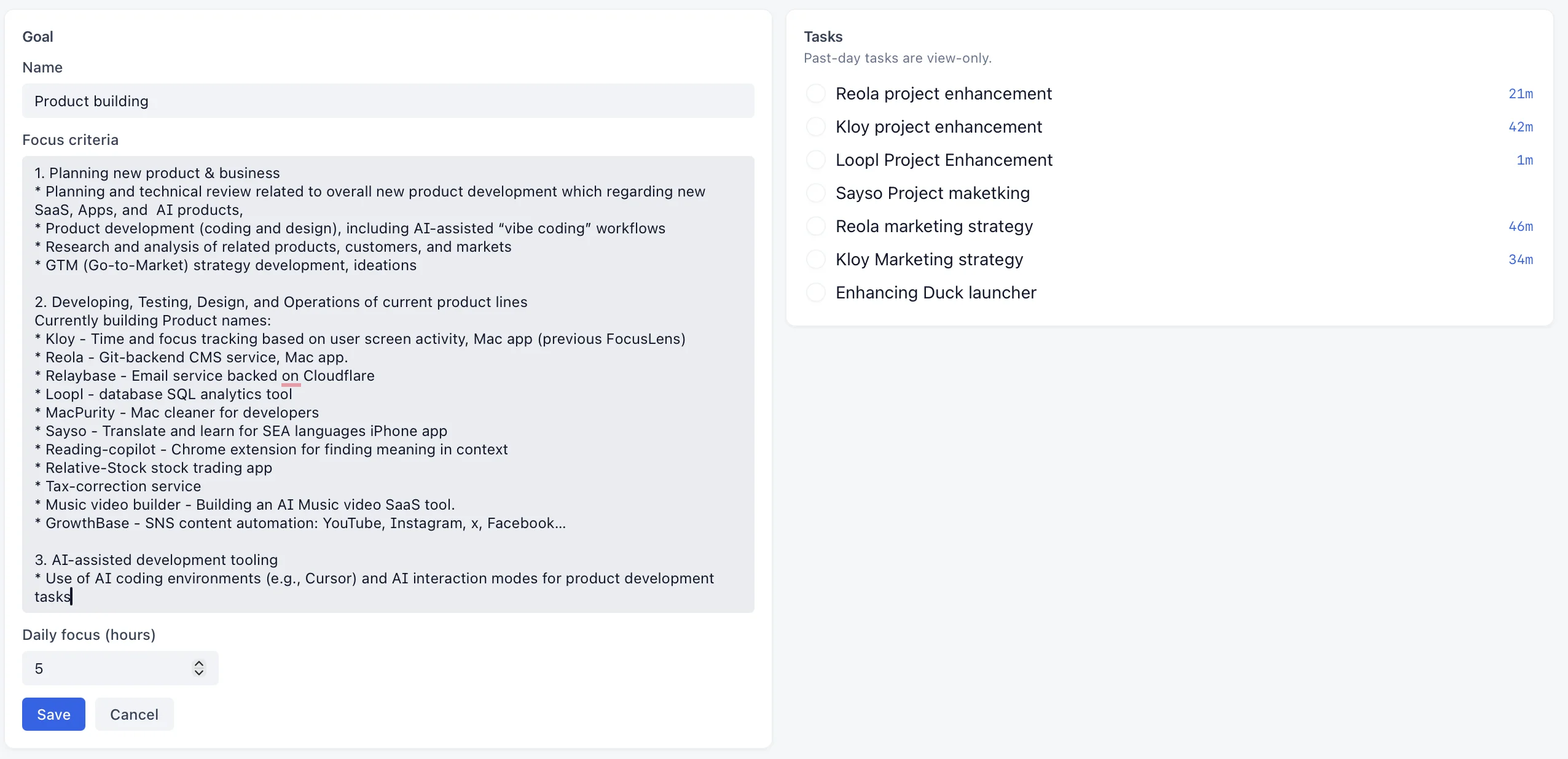 Kloy Settings showing focus criteria, daily focus goal hours, and save controls